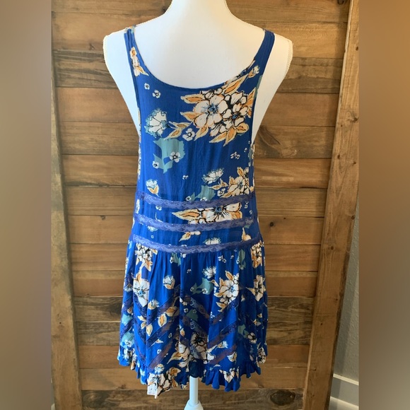 Free People Intimately Blue Floral Trapeze Slip Tank Dress Voile Lace Size Small - Picture 2 of 6